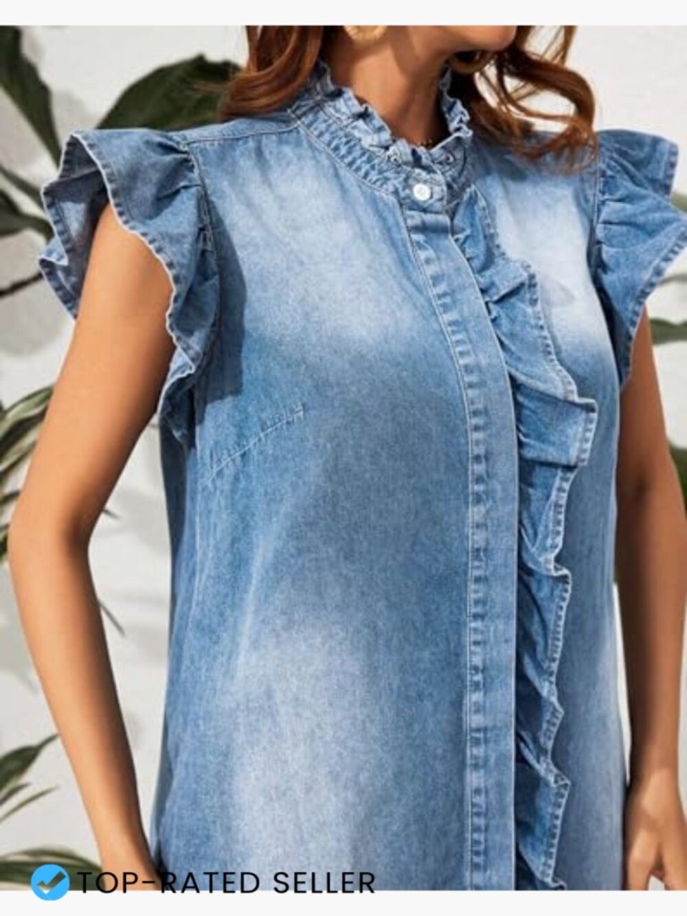 Denim Button Down Mini Dress Ruffle Sleeve Loose Fit Casual Summer - Picture 5 of 7